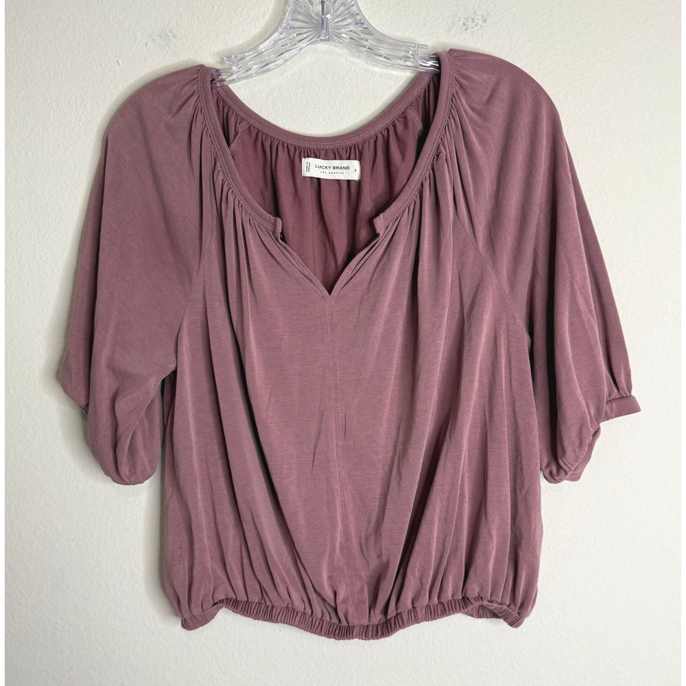 Lucky Brand Top Womens S Mauve V-Neck Short Sleeve Blouson Elastic Hem Boho Top